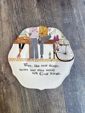 Creative Co-Op Wine Quote Ceramic Trinket Dish Good Friends Decorative Plate